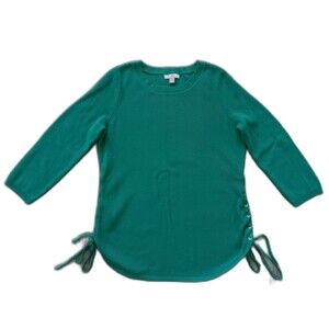 Roz & Ali Sweater Womens Medium Knit Green Ribbed Side Lace Tie Long Sleeve